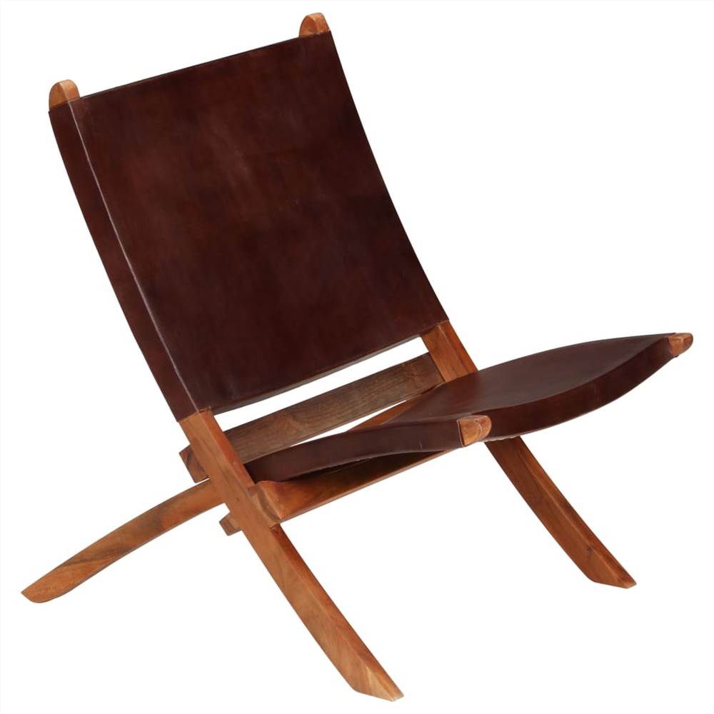 Folding Relaxing Chair Brown Real Leather