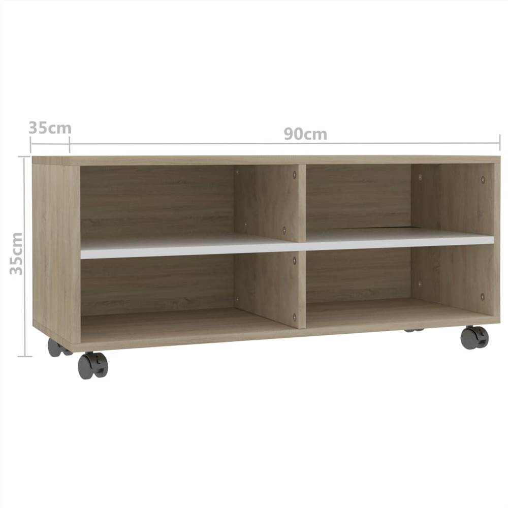 TV Cabinet with Castors White and Sonoma Oak 90x35x35 cm Chipboard