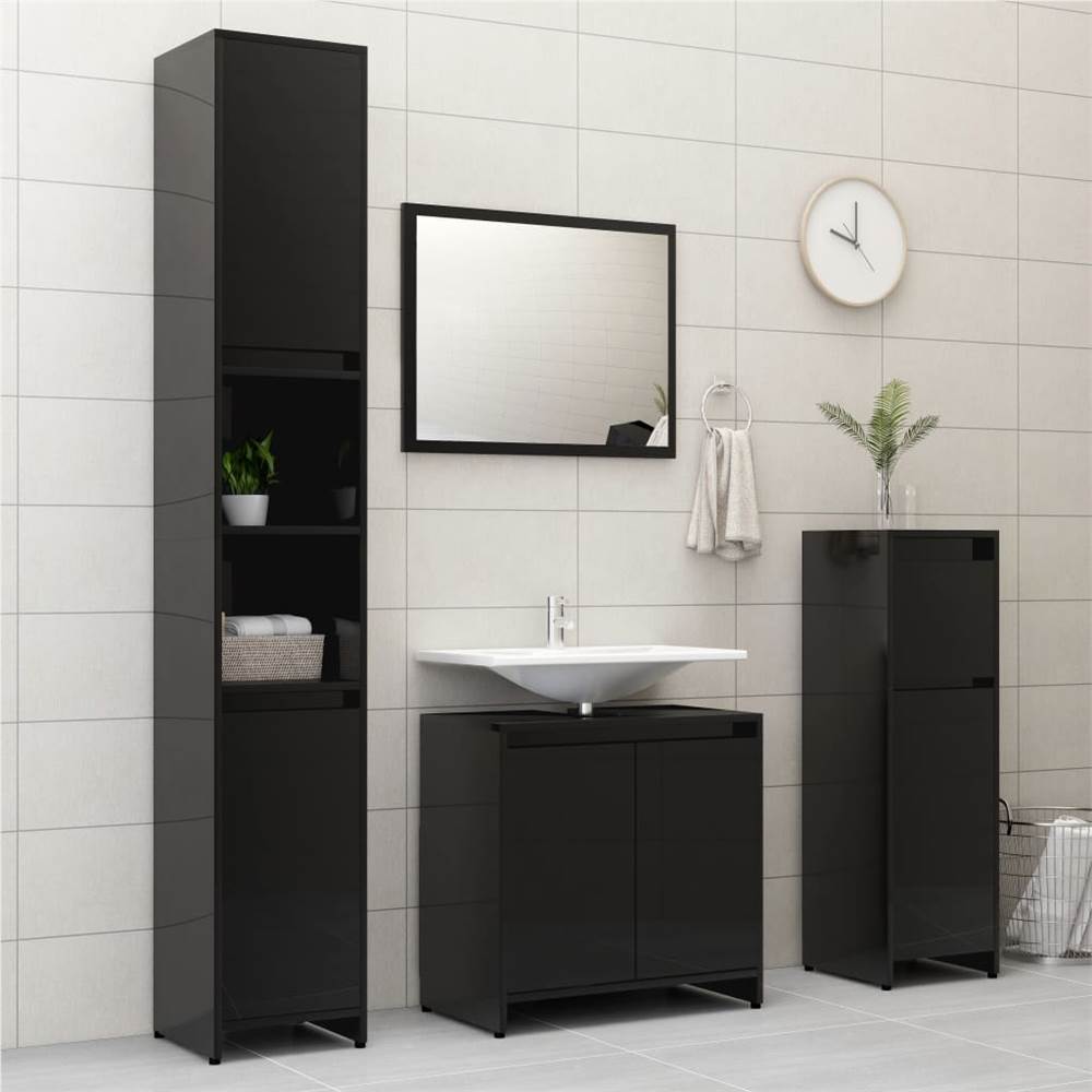 4 Piece Bathroom Furniture Set High Gloss Black Chipboard