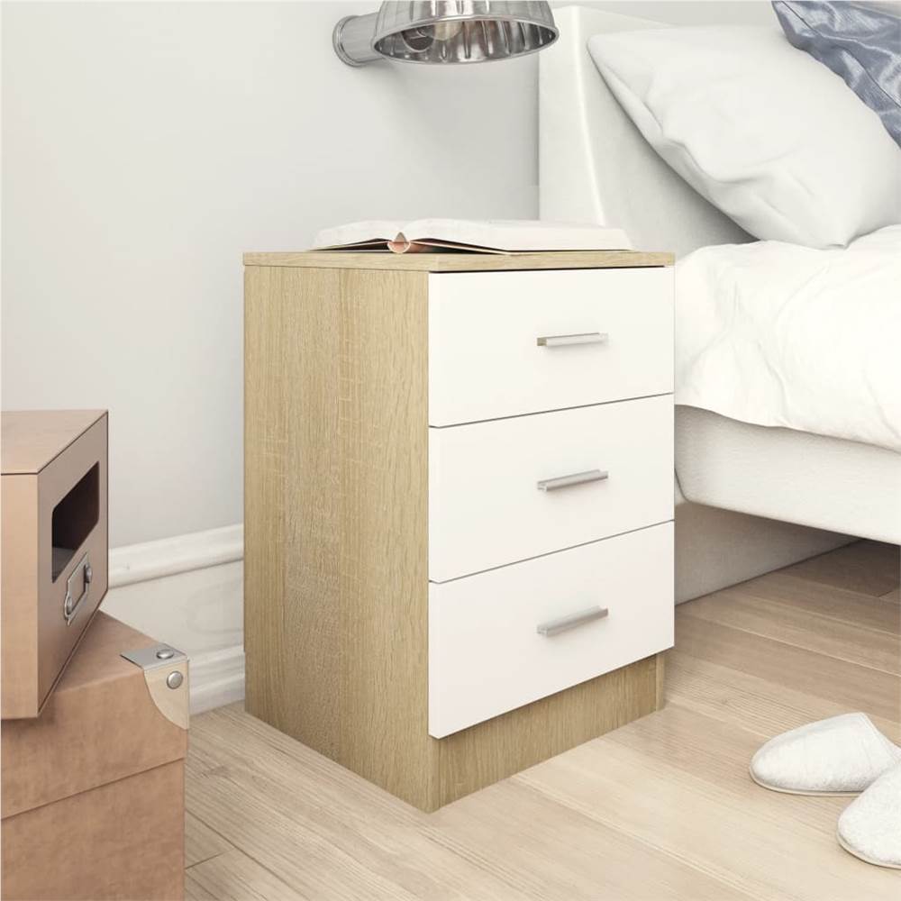 Bedside Cabinet White and Sonoma Oak 38x35x56 cm Chipboard