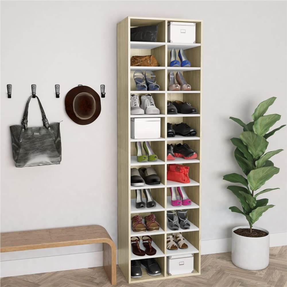 

Shoe Cabinet White and Sonoma Oak 54x34x183 cm Chipboard