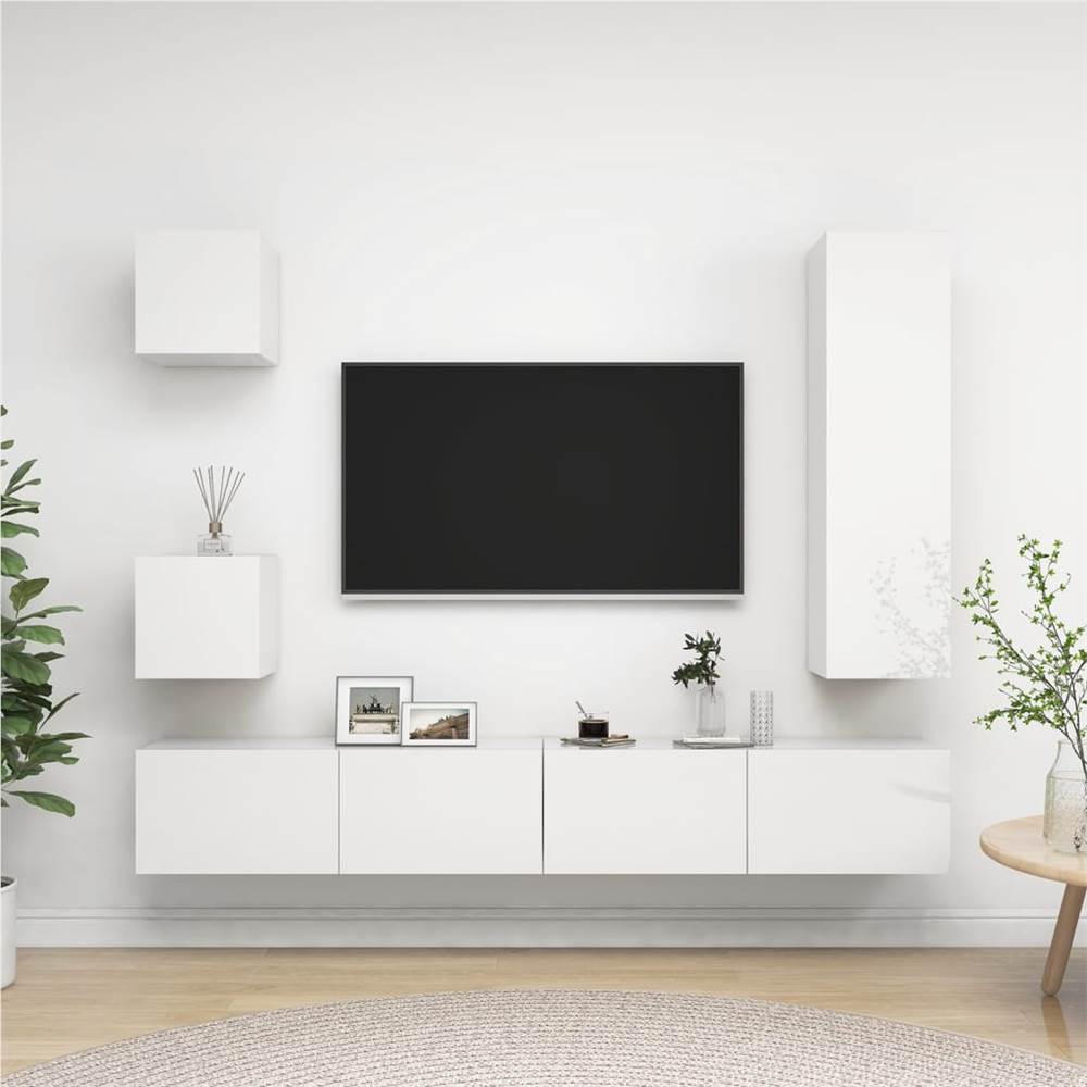 

5 Piece TV Cabinet Set High Gloss White Chipboard