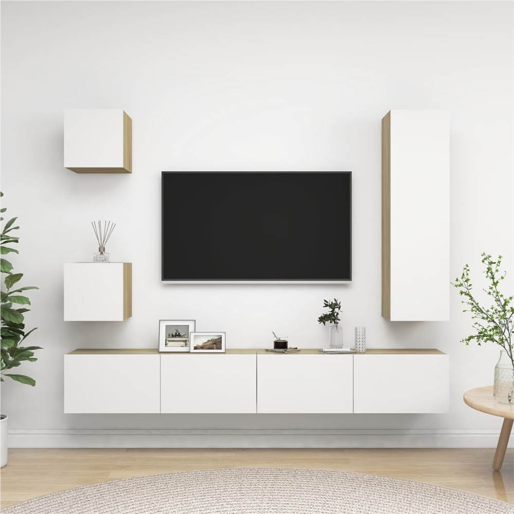 

5 Piece TV Cabinet Set White and Sonoma Oak Chipboard
