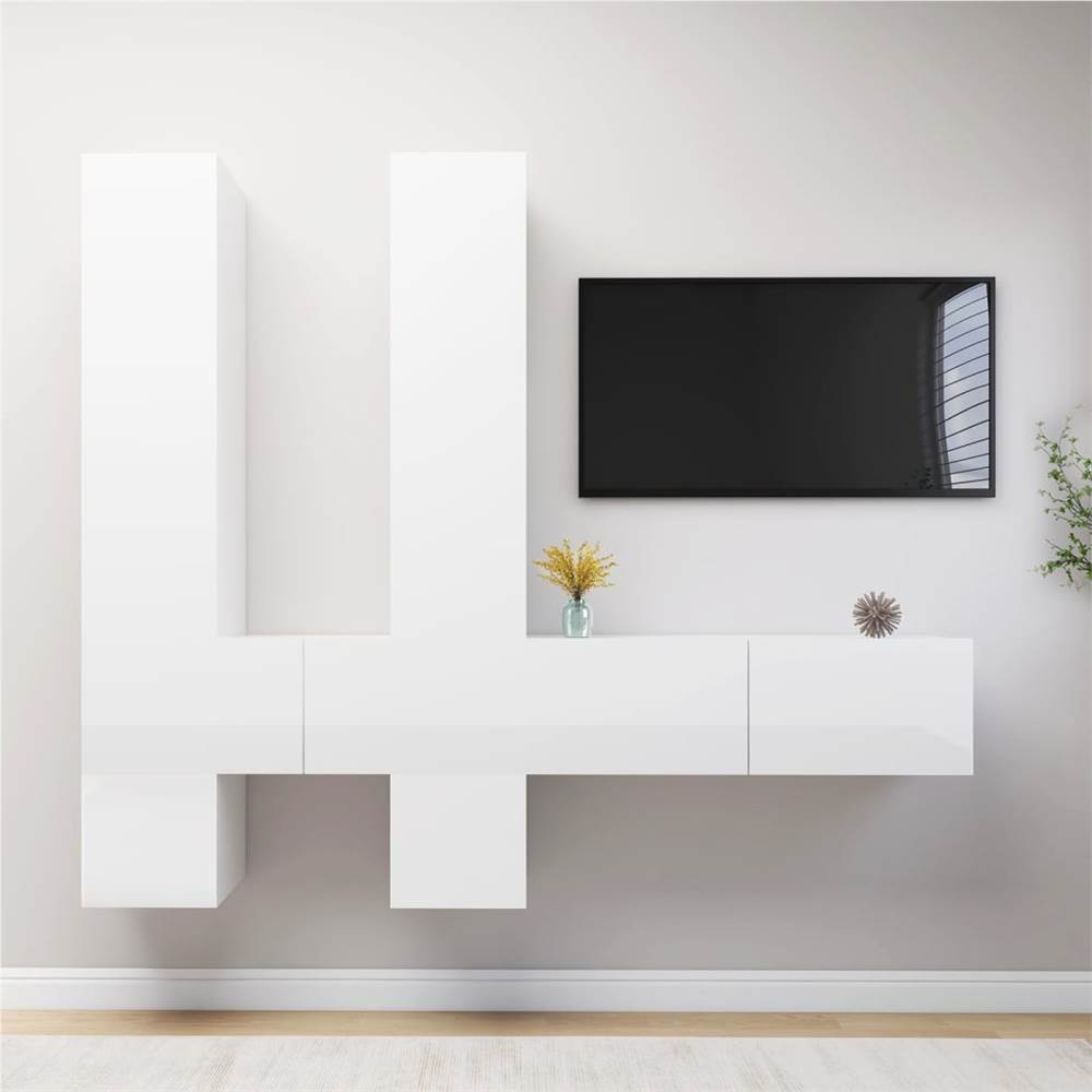 

6 Piece TV Cabinet Set High Gloss White Chipboard
