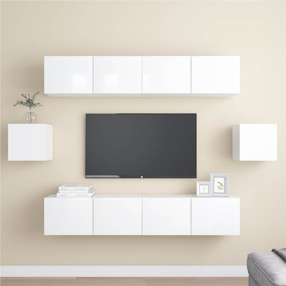 

6 Piece TV Cabinet Set High Gloss White Chipboard