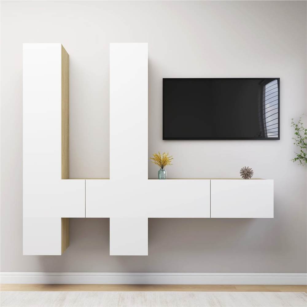 

6 Piece TV Cabinet Set White and Sonoma Oak Chipboard