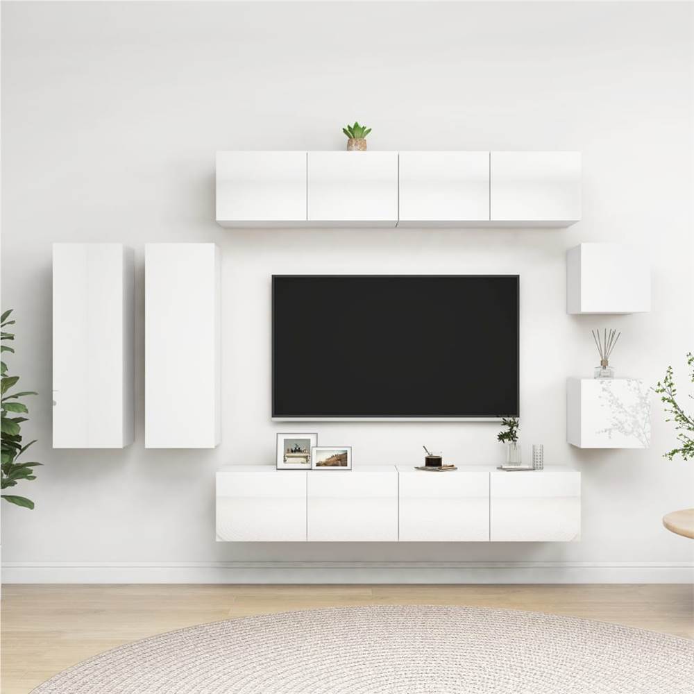 

8 Piece TV Cabinet Set High Gloss White Chipboard