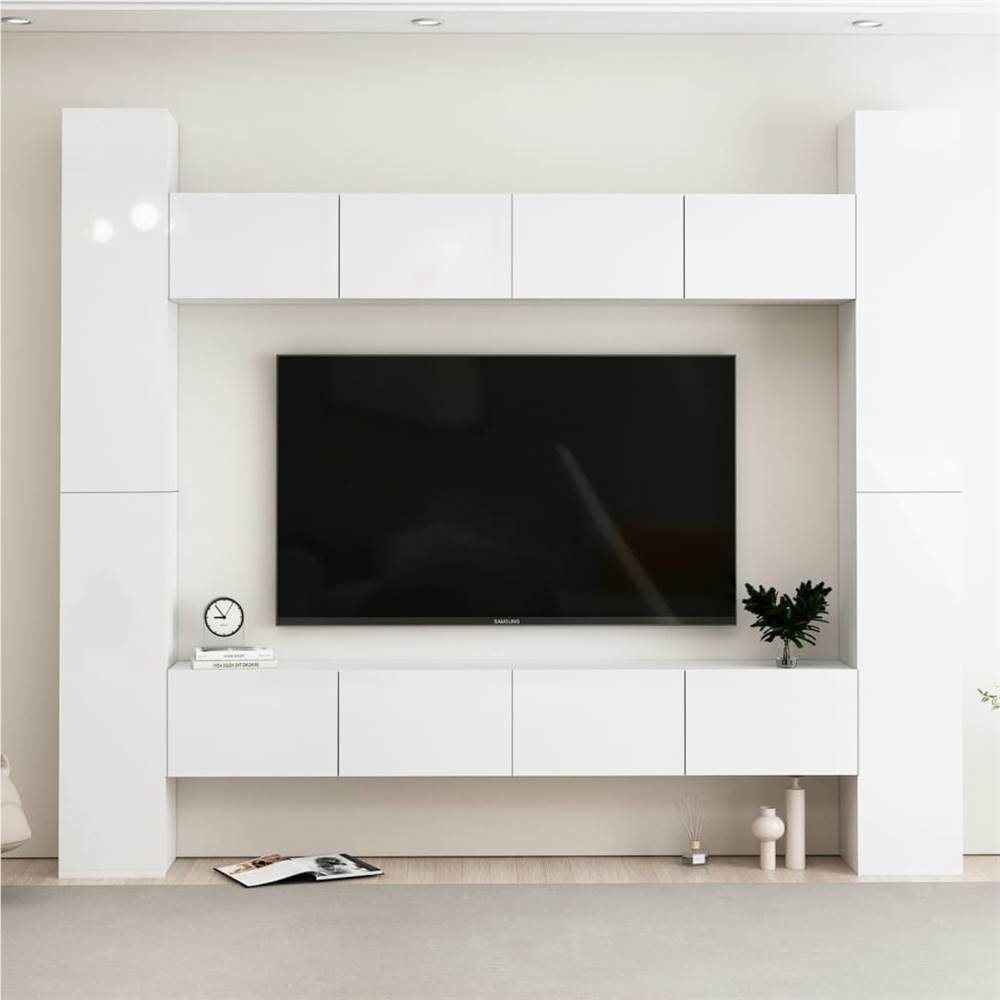 

8 Piece TV Cabinet Set High Gloss White Chipboard