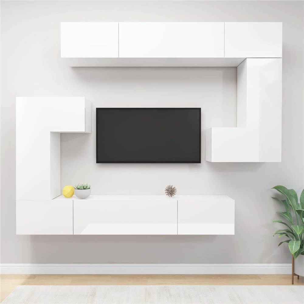 

8 Piece TV Cabinet Set High Gloss White Chipboard