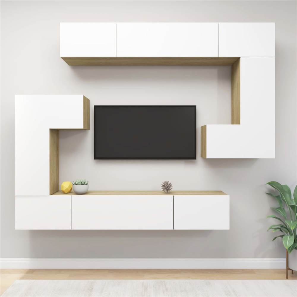 

8 Piece TV Cabinet Set White and Sonoma Oak Chipboard