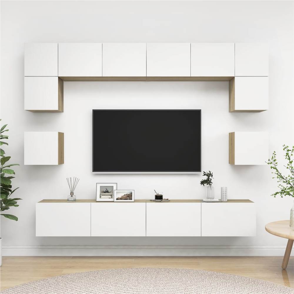 

8 Piece TV Cabinet Set White and Sonoma Oak Chipboard