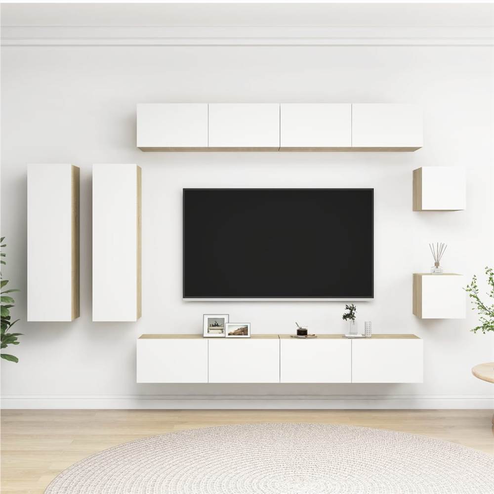 

8 Piece TV Cabinet Set White and Sonoma Oak Chipboard