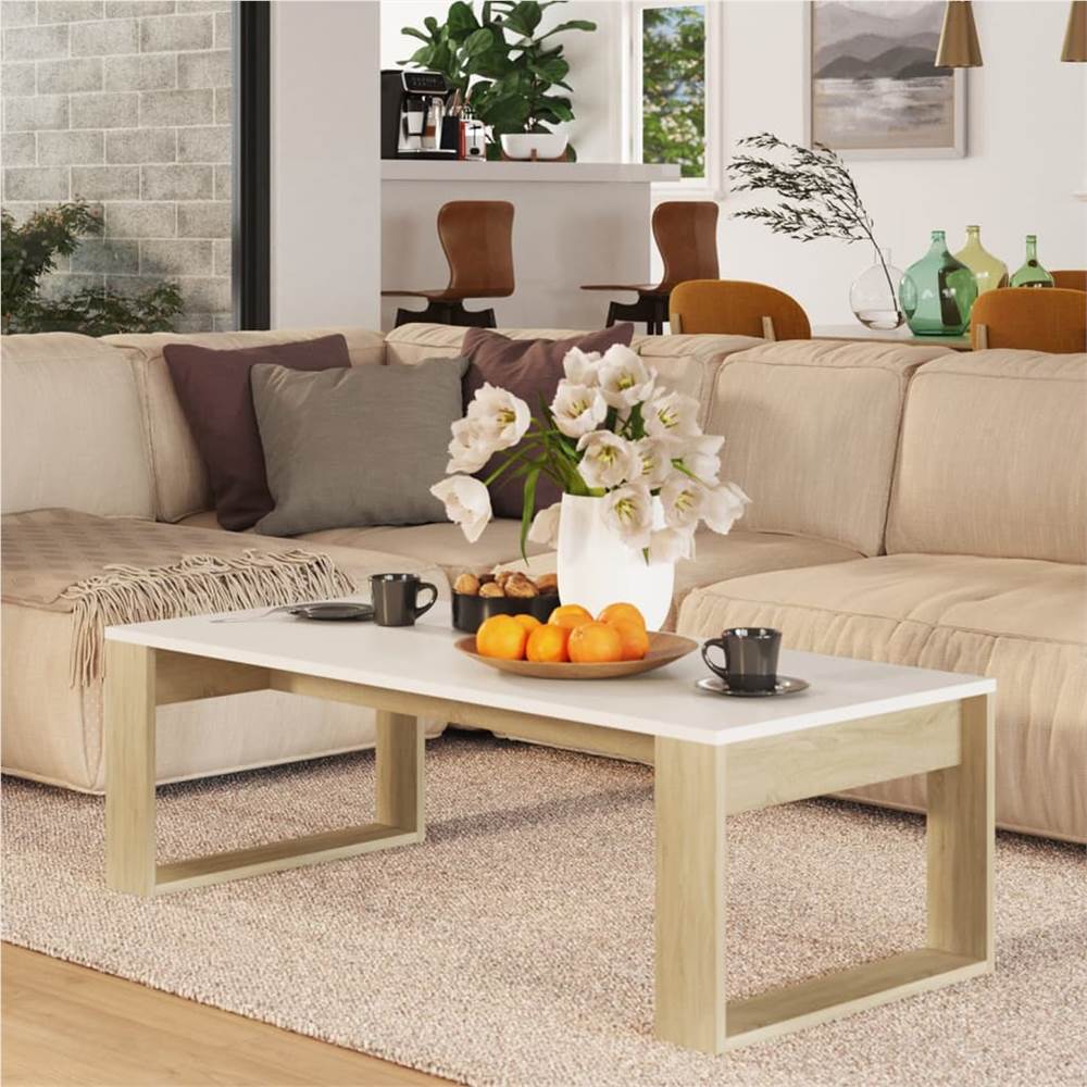 Coffee Table Sonoma Oak and White 110x50x35 cm Chipboard