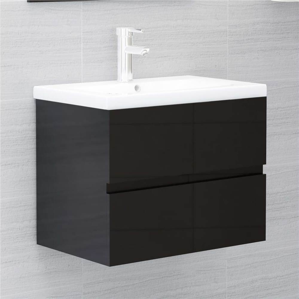 

Sink Cabinet with Built-in Basin High Gloss Black Chipboard