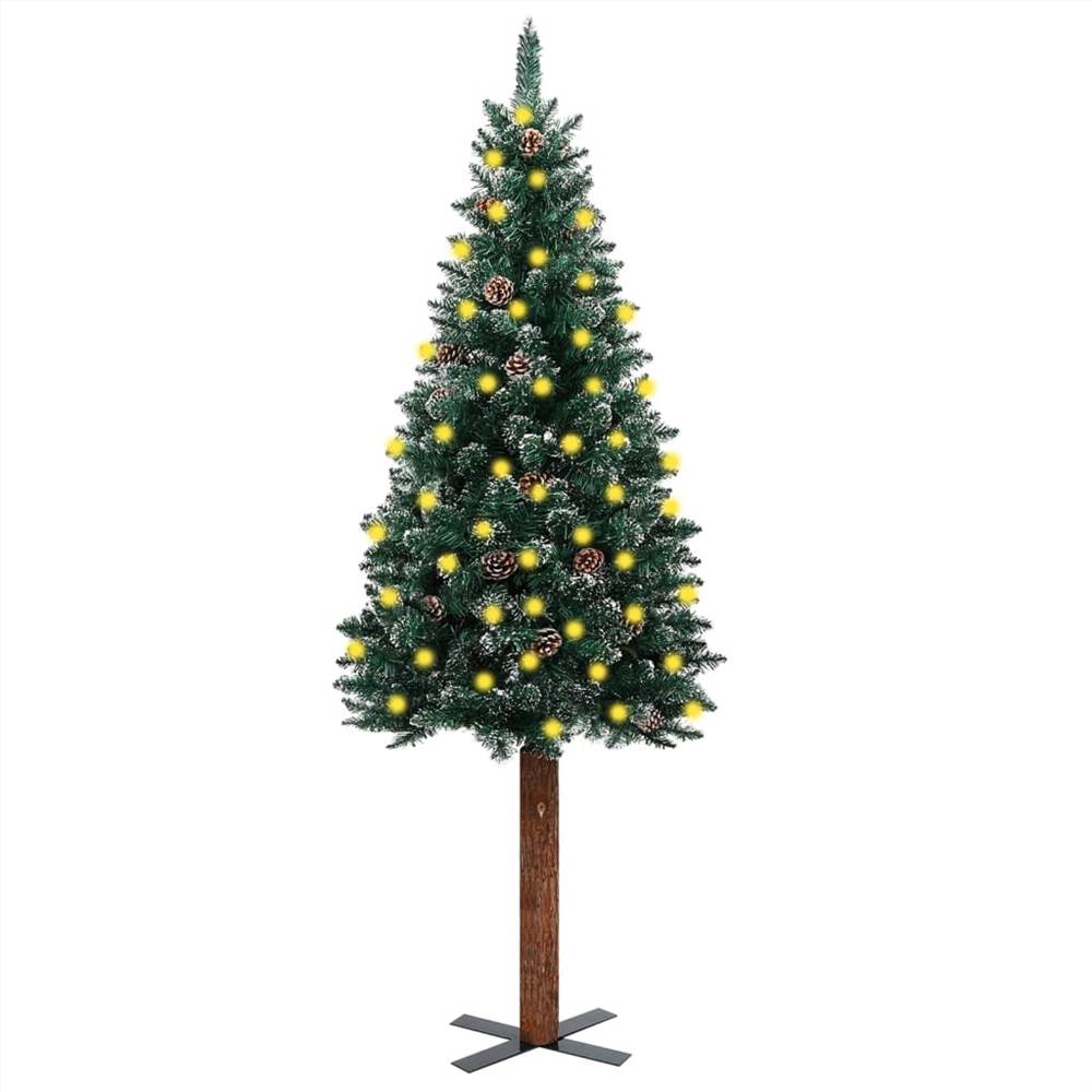 

Slim Christmas Tree with LEDs&Real Wood&White Snow Green 150cm