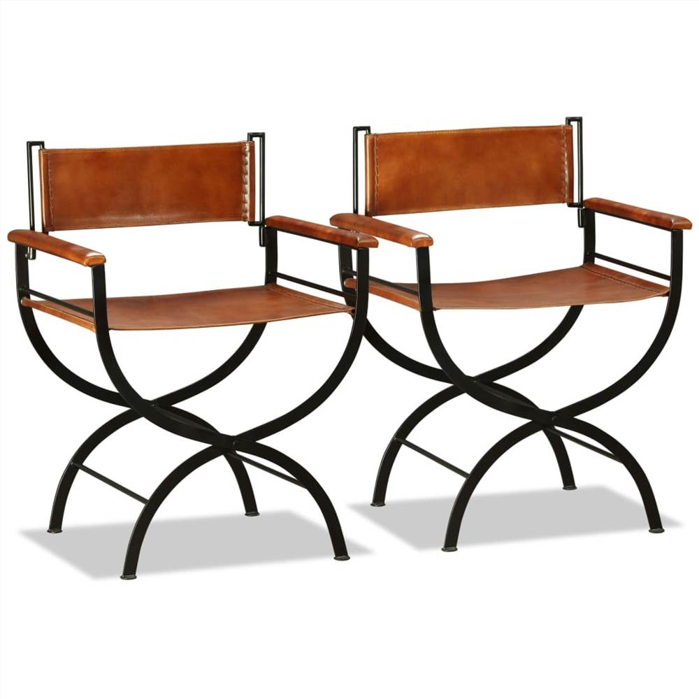 Folding Chairs 2 pcs Black and Brown Real Leather