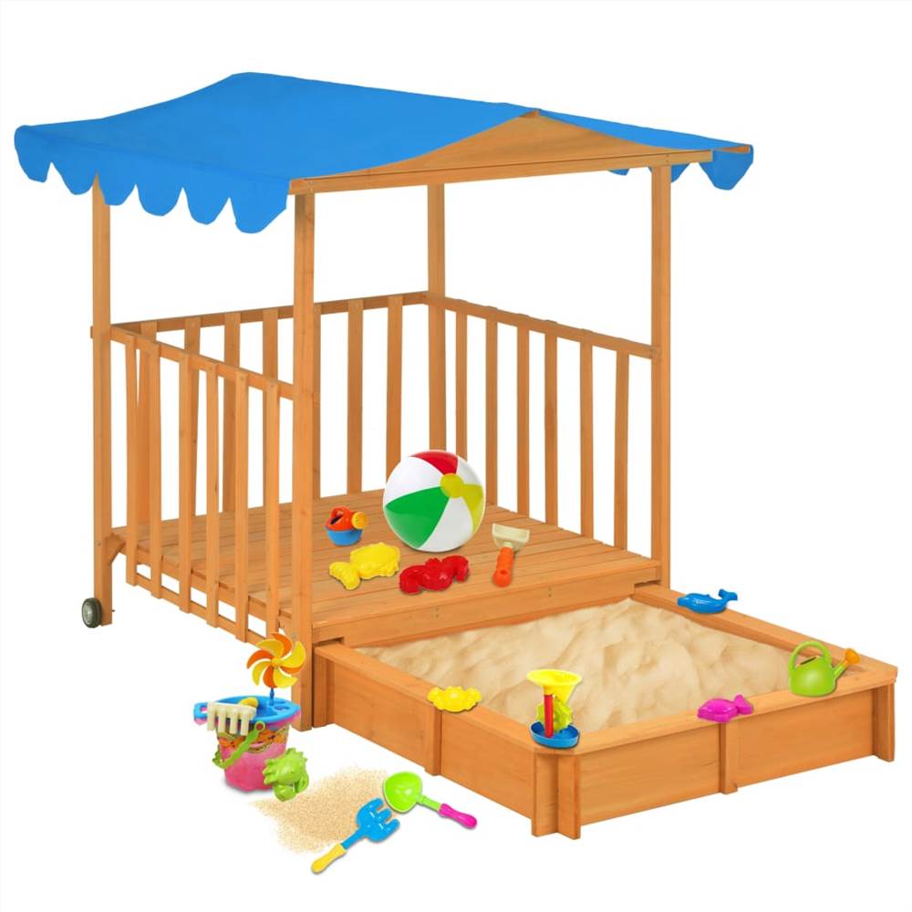 Kinderspeelhuis met zandbak dennenhout blauw UV50
