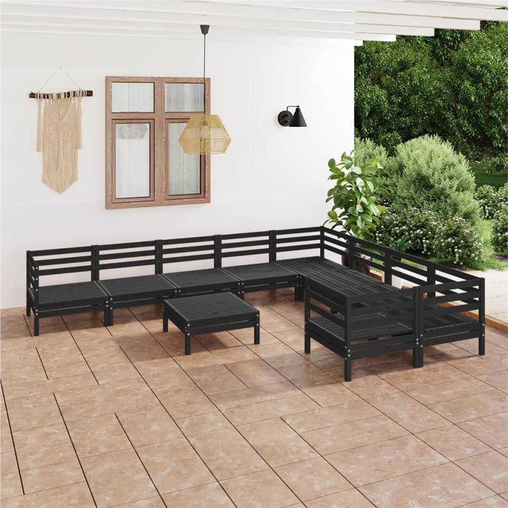 

10 Piece Garden Lounge Set Black Solid Pinewood