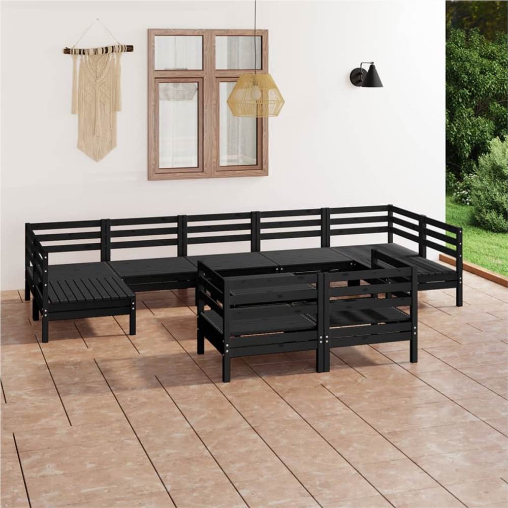 

10 Piece Garden Lounge Set Black Solid Pinewood