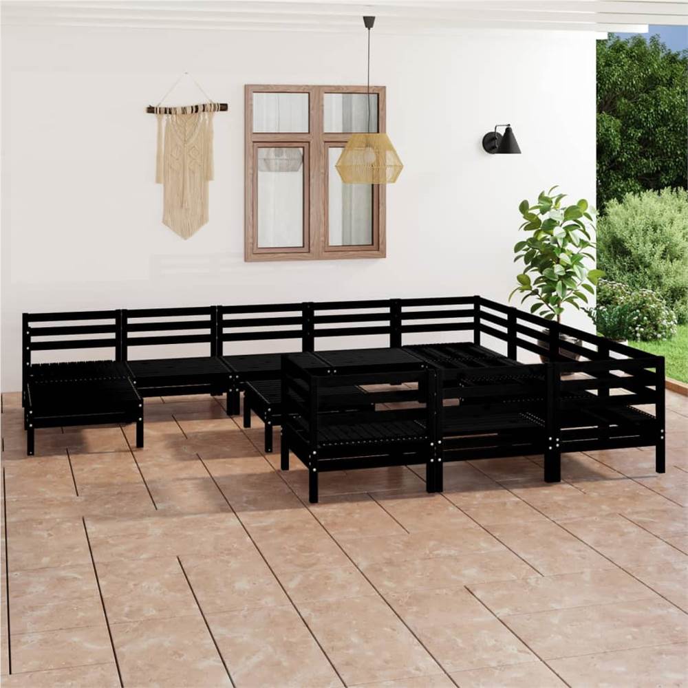 

12 Piece Garden Lounge Set Black Solid Pinewood