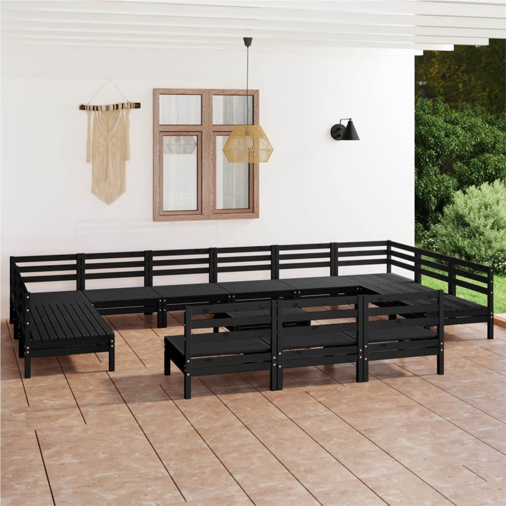 

14 Piece Garden Lounge Set Black Solid Pinewood