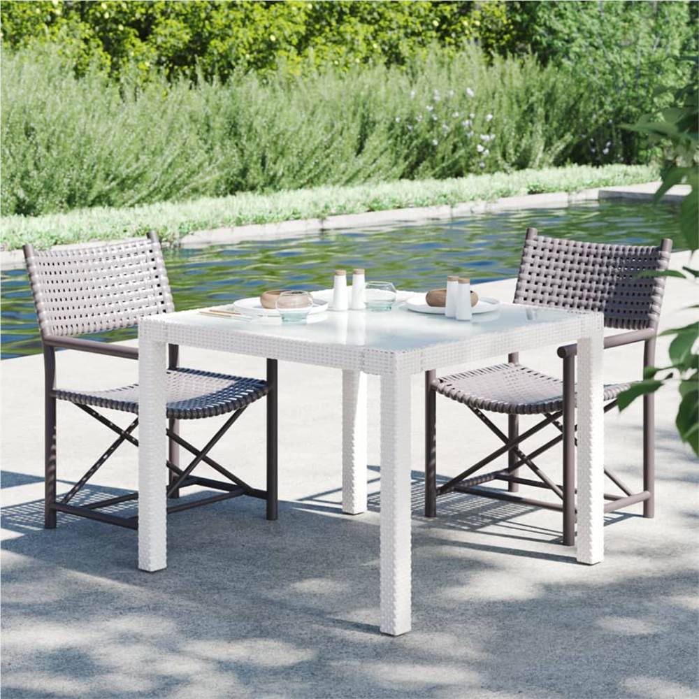 Garden Table 90x90x75 cm Tempered Glass and Poly Rattan White