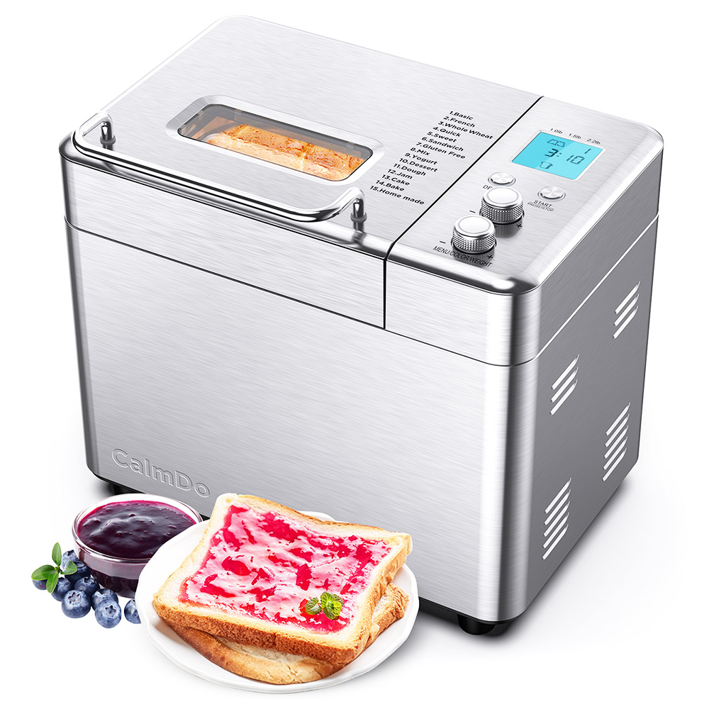 CalmDo Fully Automatic Bread Maker Machine Stainless Steel 1KG 600W 15 Programs 15-Hour Preset 60Min Keep Warm 3 Loaf Sizes LCD Screen Easy to Clean - Silver