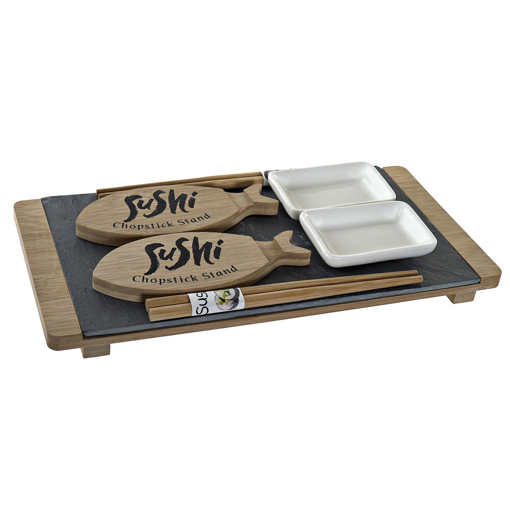 DKD Home Decor 9pcs Ceramic Board Bamboo Sushi Set