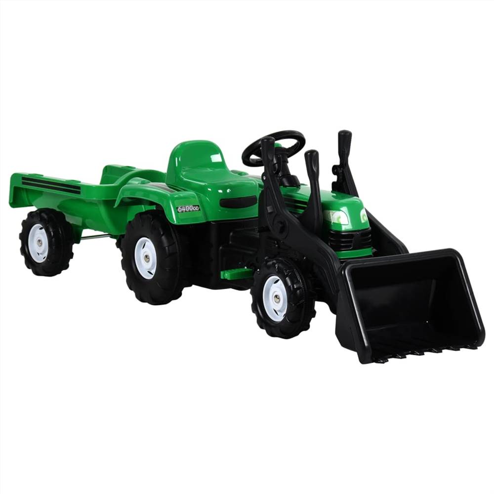 Tractor de pedales para niños con remolque y cargador verde y negro