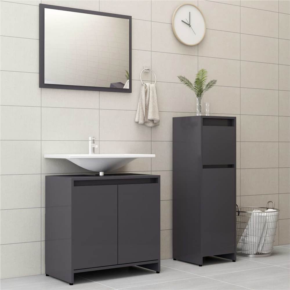 

3 Piece Bathroom Furniture Set High Gloss Grey Chipboard