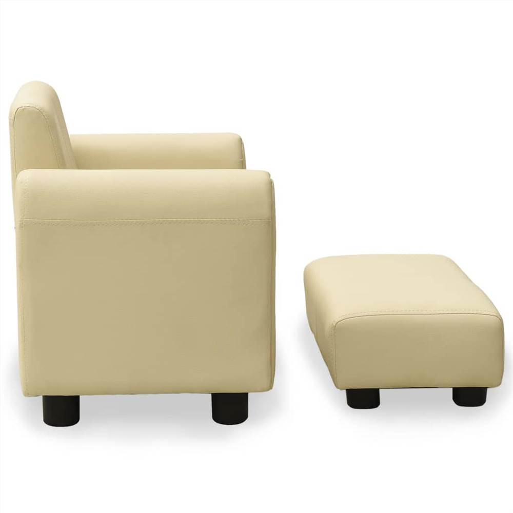 Children Sofa with Stool Cream White Faux Leather