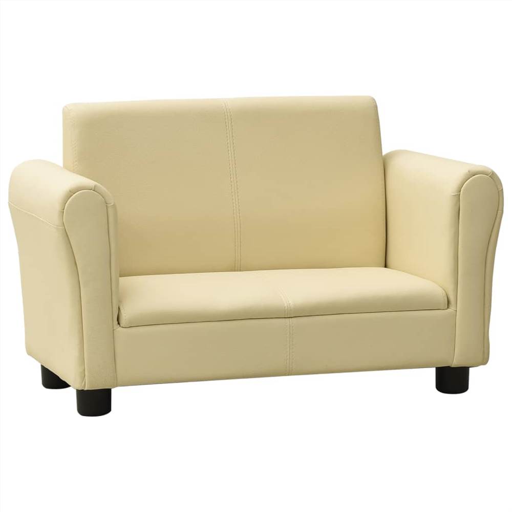 Children Sofa with Stool Cream White Faux Leather