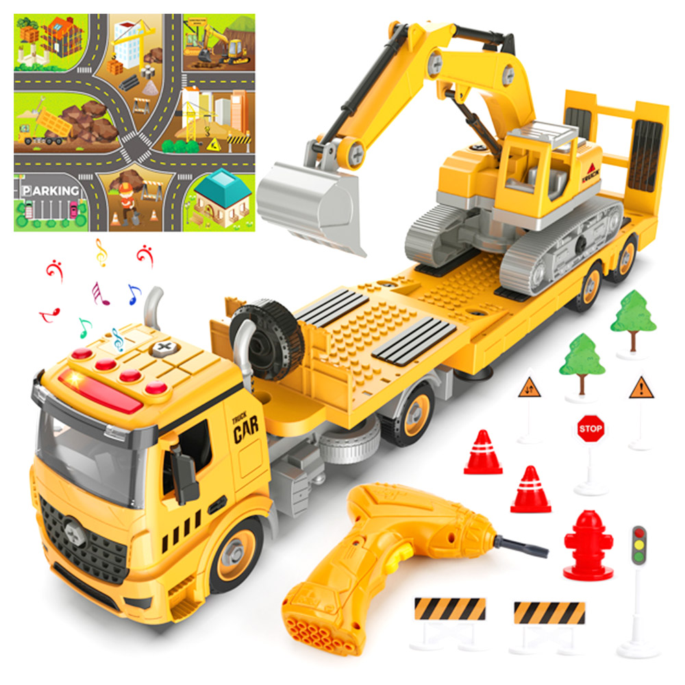 Bouwconstructie Aanhangwagen & Graafmachine Speelgoed voor 3 4 5 6 Jaar Oude Peuters Kinderen, 108 PCS Bouwsteen Speelgoed Set
