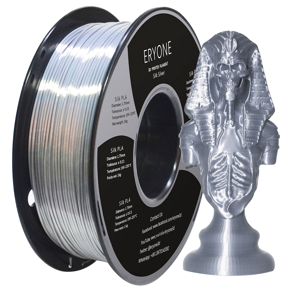 3D Yazıcı için ERYONE Silk PLA Filament 1.75mm Tolerans 0.03mm 1kg (2.2LBS)/Makara - Gümüş