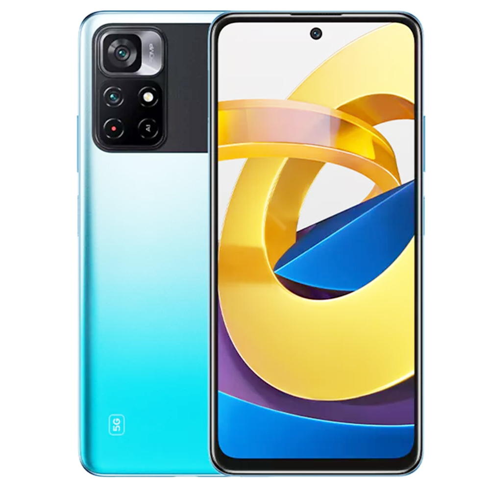 هاتف POCO M4 Pro الإصدار العالمي 5G الذكي 6.6 بوصة FHD + شاشة MediaTek Dimensity 810 4GB RAM 64GB ROM Android 11 50MP + 8MP AI كاميرا خلفية مزدوجة 5000mAh بطارية مزدوجة SIM مزدوجة الاستعداد - أزرق