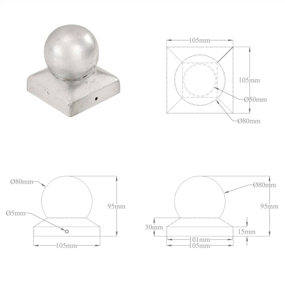 Post Caps 6 pcs Globe Final Galvanised Metal 101x101 mm
