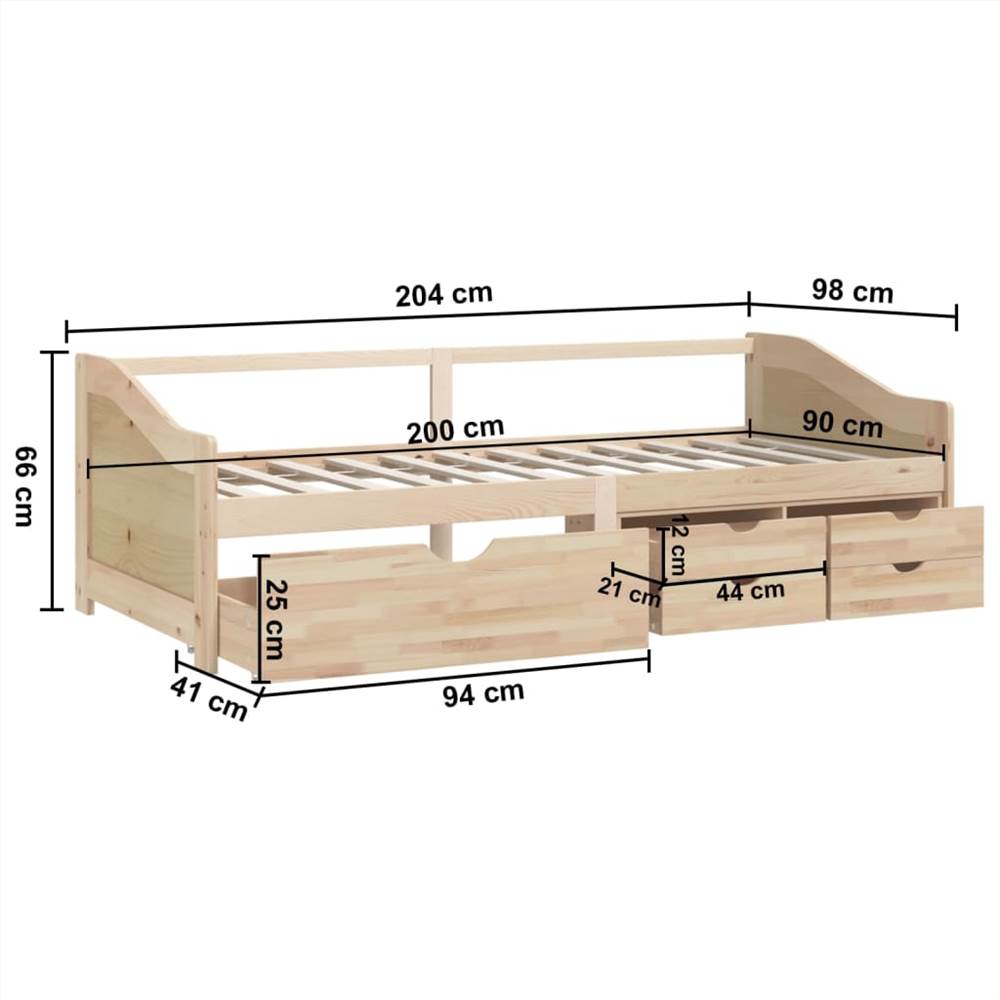 3-Seater Day Bed with Drawers Solid Pinewood 90x200 cm