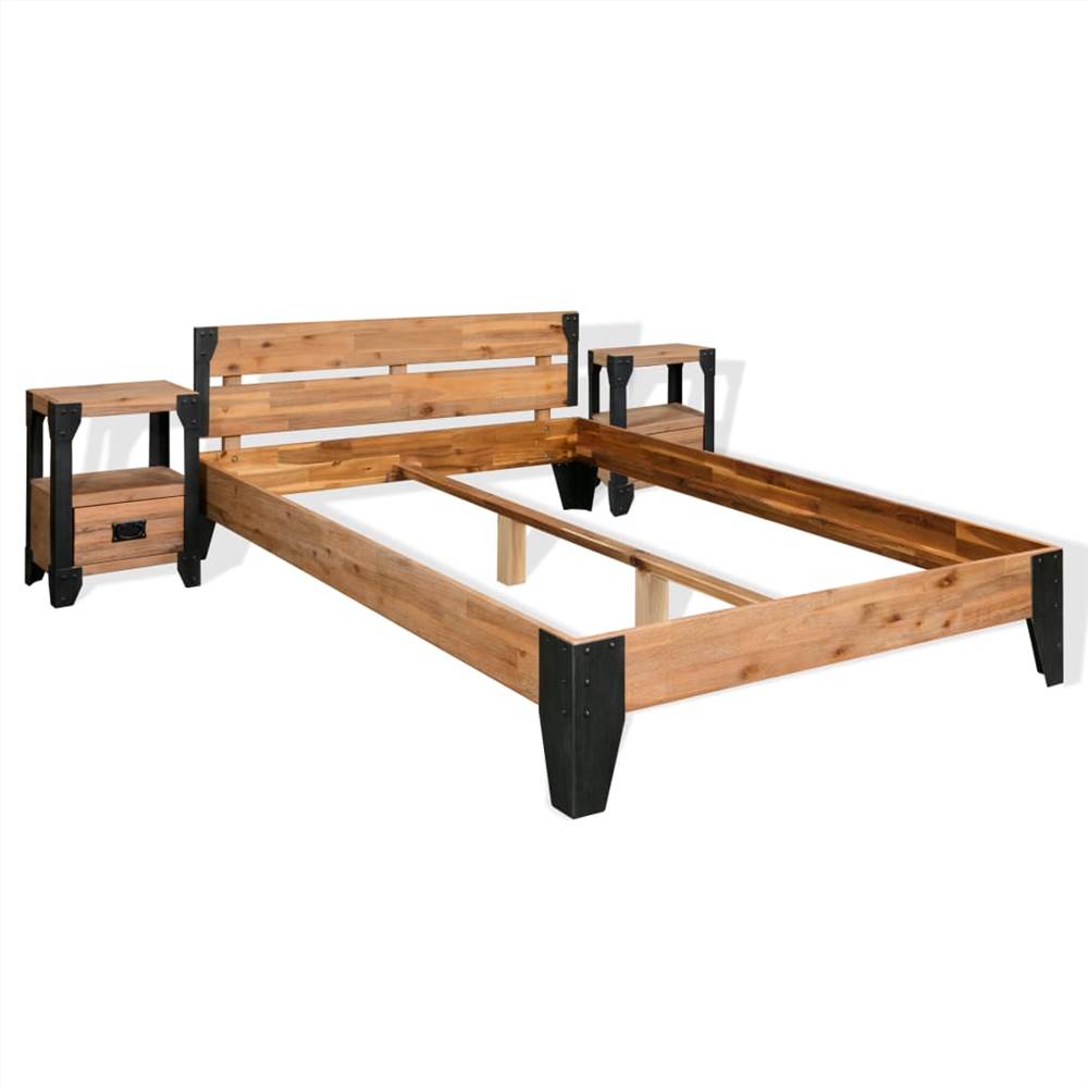 

Bed Frame with 2 Nightstands Solid Acacia Wood Steel 140x200 cm