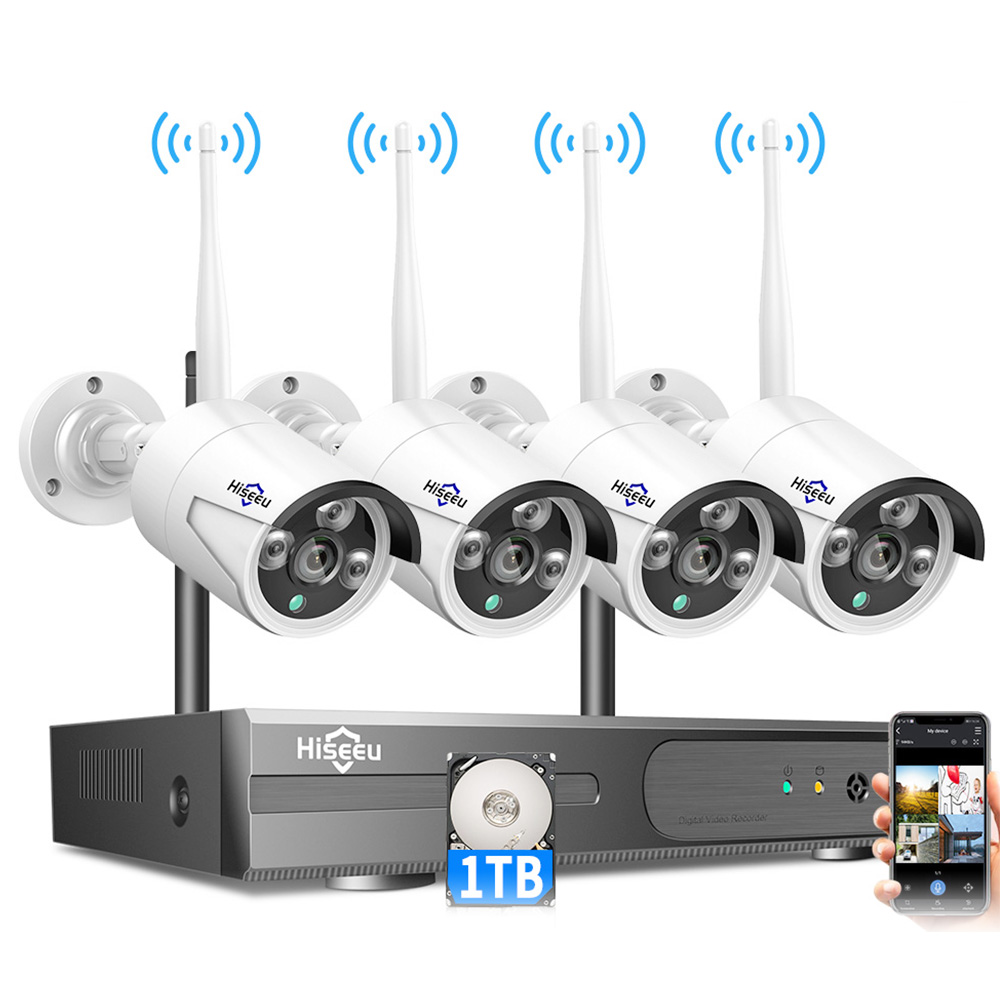Hiseeu 8CH Wireless NVR 4PCS 3MP Security Cameras with CCTV system kit Outdoor IR Night Vision
