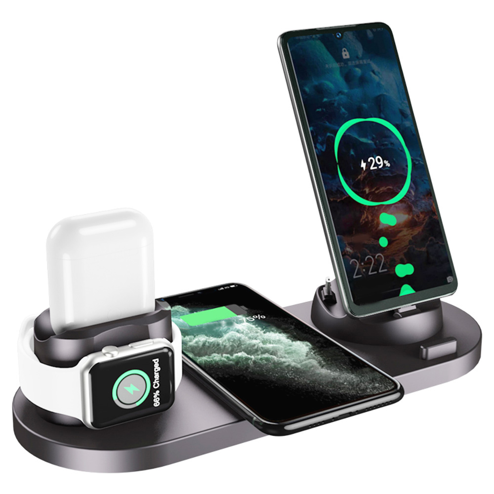 6 in 1 Wireless Charger Mobile Phone Wireless Charging Bracket Earphone Fast Charging - Black