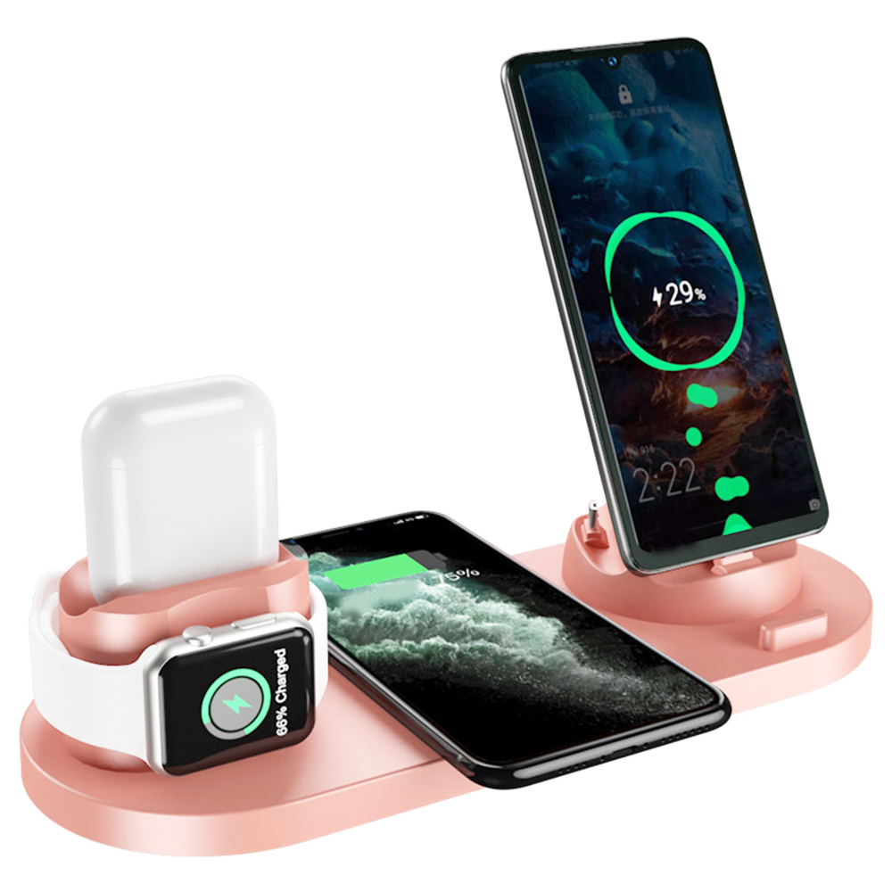 6 in 1 Wireless Charger Mobile Phone Wireless Charging Bracket Earphone Fast Charging - Pink