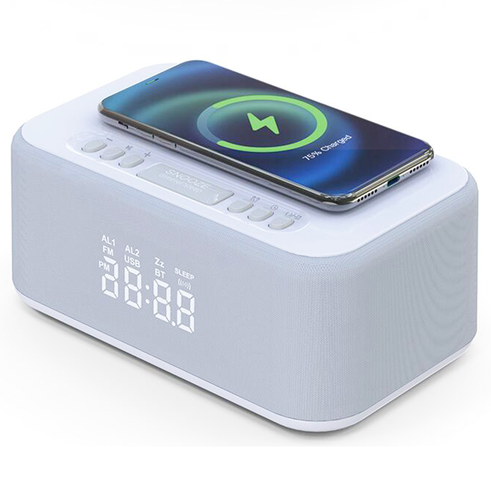 I-Box Dawn Bedside Alarm Clock Radio With Bluetooth Speaker, Wireless Charger, LED Display - Gray