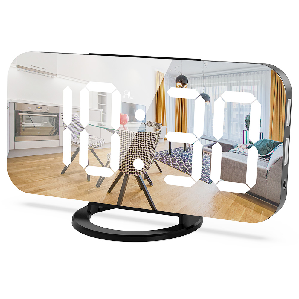 Dijital LED Saat Karartma Modlu Makyaj için Büyük Ekran Ayna Yüzeyi 3 Seviye Parlaklık Çift USB Bağlantı Noktaları - Siyah