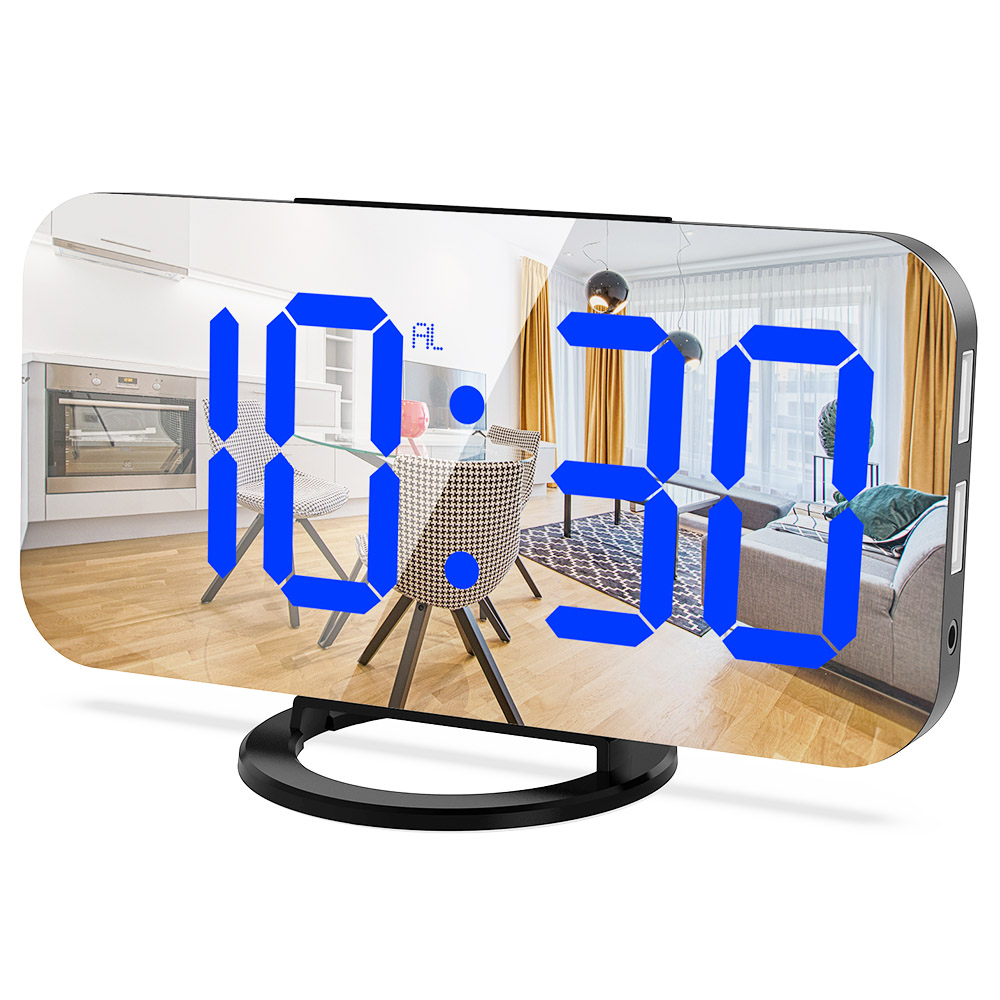 Digital LED Clock Large Display Mirror Surface for Makeup with Dimming Mode 3 Levels Brightness Dual USB Ports - Blue