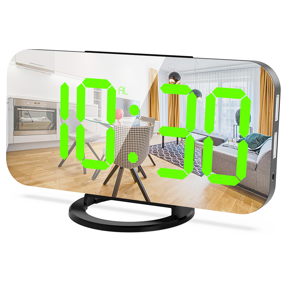 Digital LED Clock Large Display Mirror Surface for Makeup with Dimming Mode 3 Levels Brightness Dual USB Ports - Green