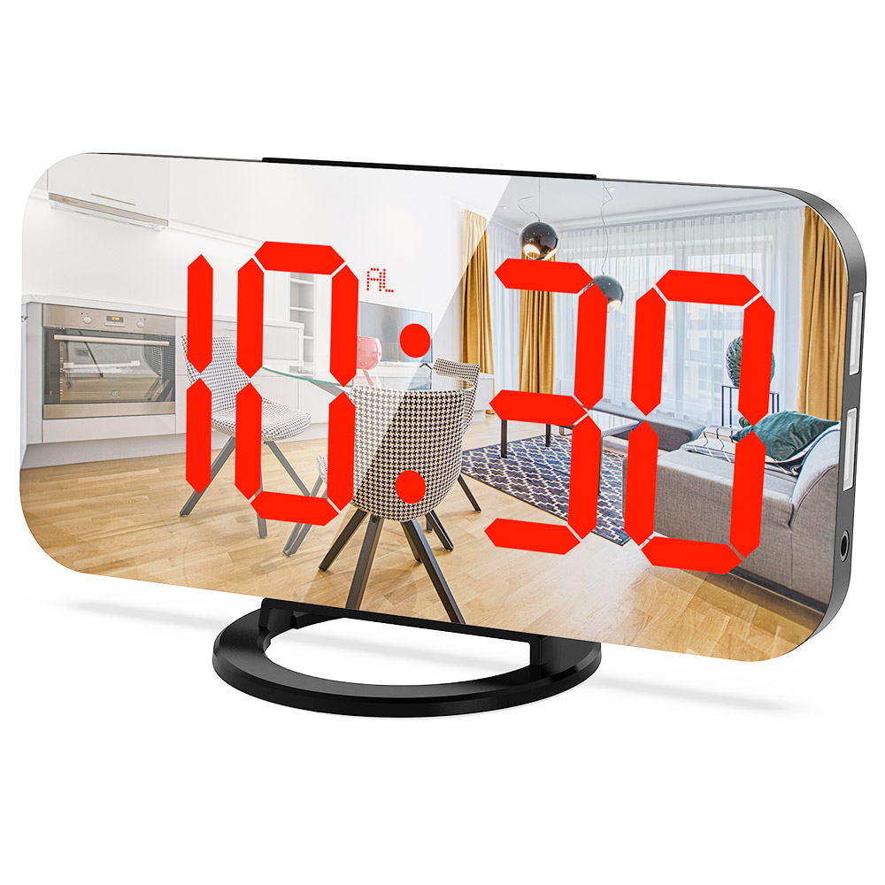 Dijital LED Saat Karartma Modlu Makyaj için Büyük Ekran Ayna Yüzeyi 3 Seviye Parlaklık Çift USB Bağlantı Noktası - Kırmızı