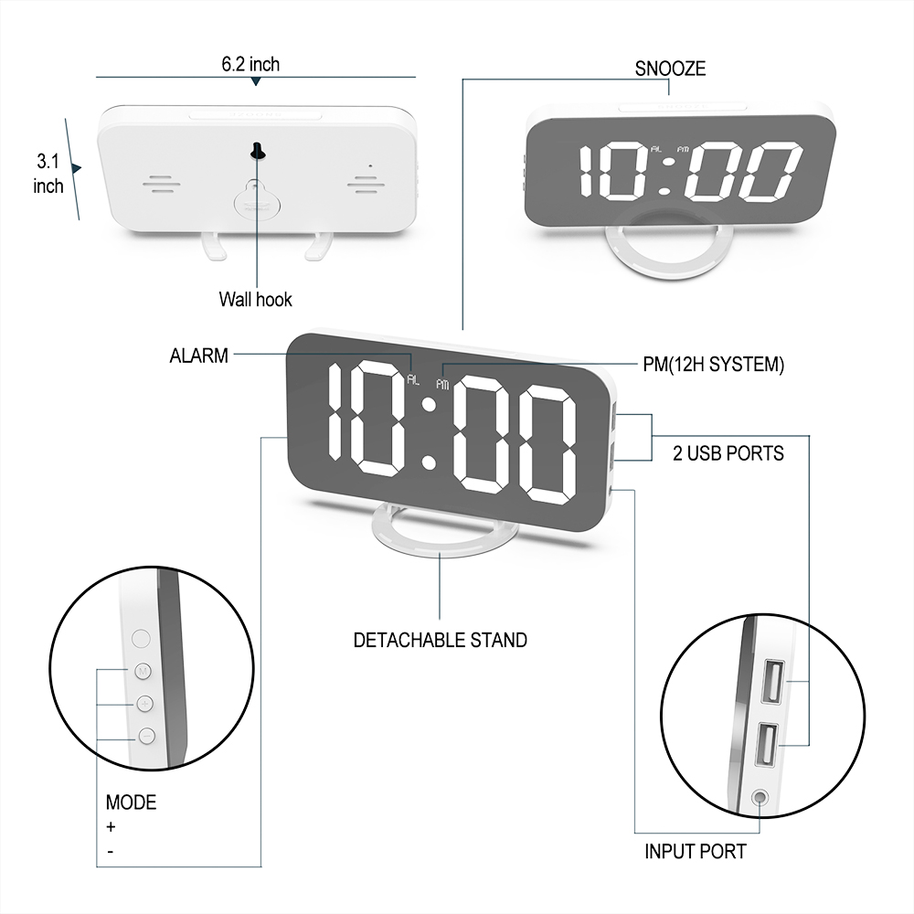Digital LED Clock Large Display 3 Levels Brightness White