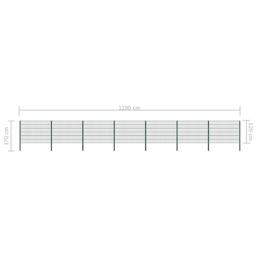 Fence Panel with Posts Iron 11.9x1.2 m Green