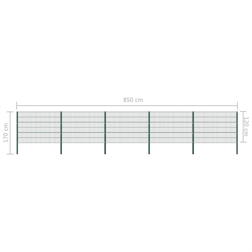 Fence Panel with Posts Iron 8.5x1.2 m Green