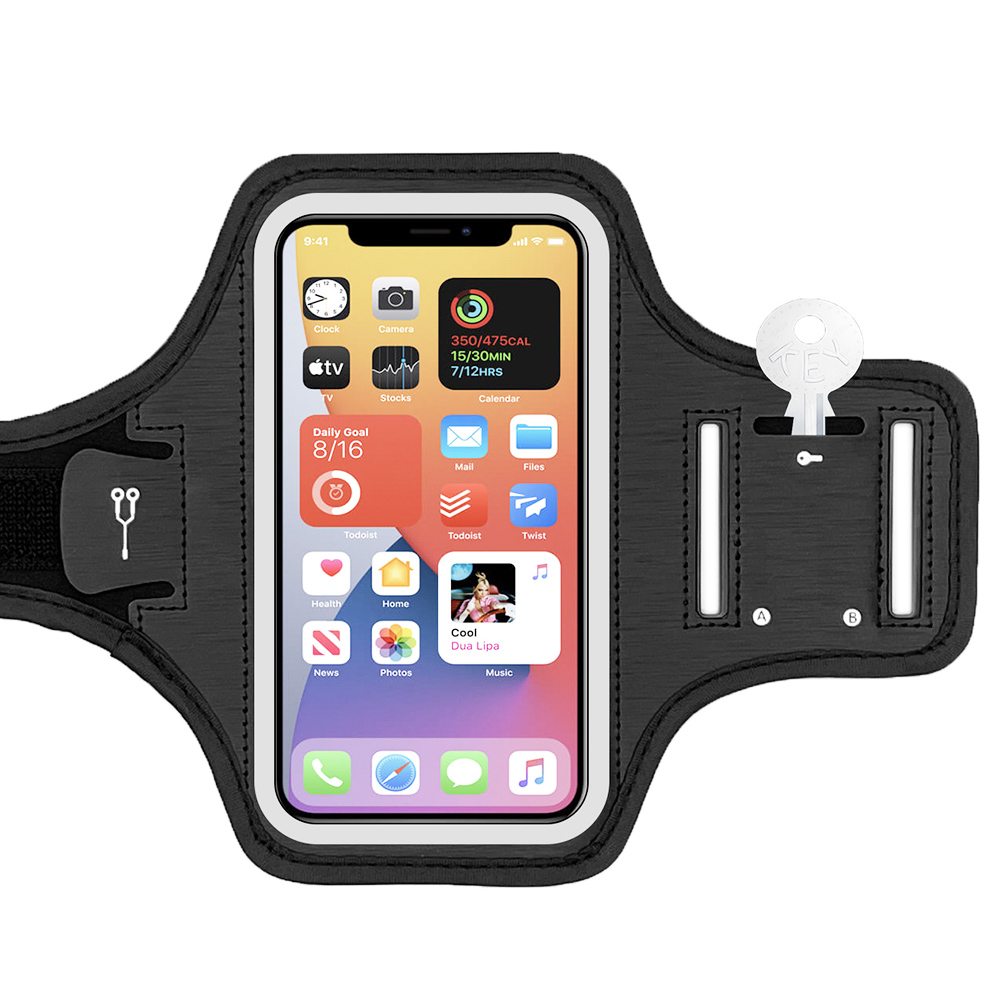 Fitness futókarszalagos telefontartó táska vízálló, 5.8 hüvelykes iPhone 11 Pro/12 mini telefonhoz - fekete